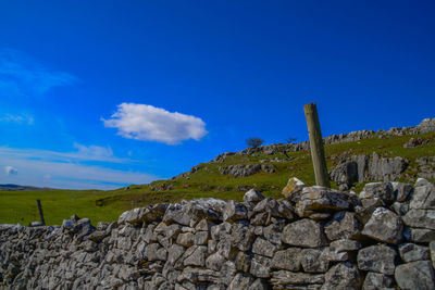 Low angle view of rocks against blue sky