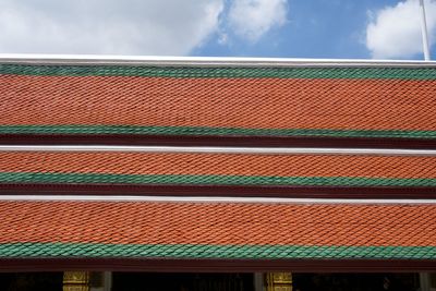 Low angle view of multi colored roof and building against sky
