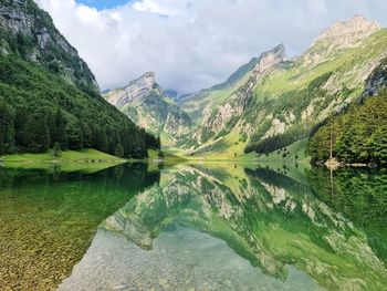 Scenic view of lake and mountains against sky