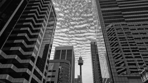 Low angle view of modern buildings against sky