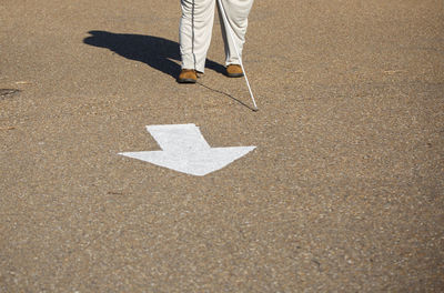 Low section of man walking on road