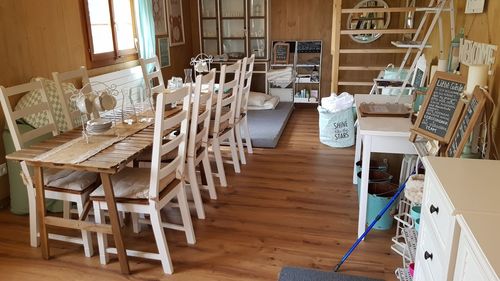 High angle view of tables and chairs at home