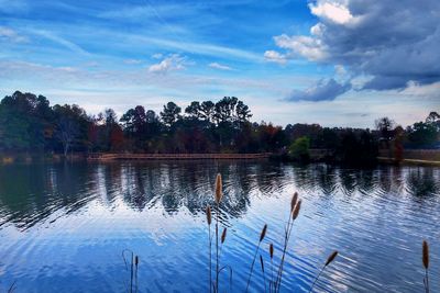 Scenic view of lake against sky during sunset