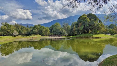 Scenic view of lake by trees against sky