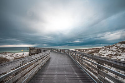 View of empty railway bridge over sea against sky