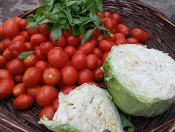 High angle view of tomatoes in basket