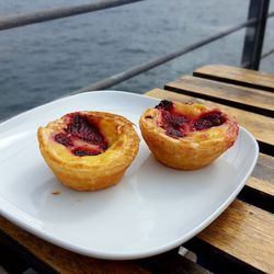 High angle view of dessert in plate on table