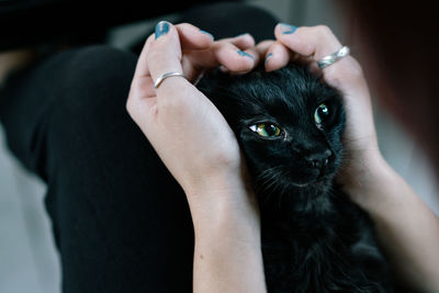 Midsection of woman holding black cat