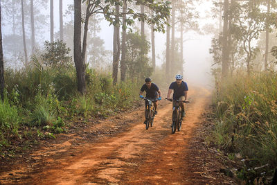 Men riding bicycles on dirt road at forest