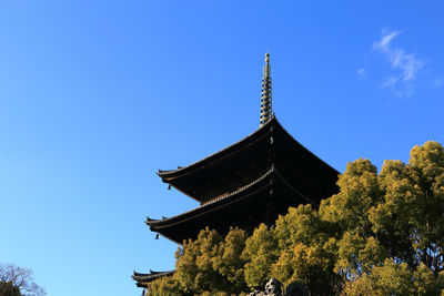 Low angle view of traditional building against clear blue sky