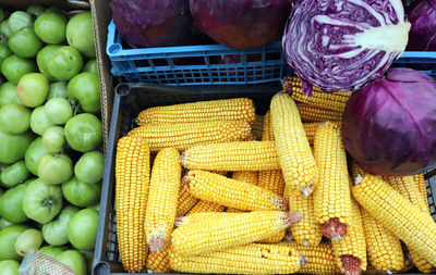 High angle view of vegetables for sale at market stall