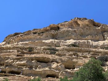 Low angle view of rock formations against clear blue sky