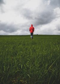 Rear view of man walking on field against sky