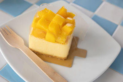 High angle view of dessert in plate on table