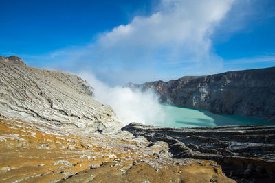 Scenic view of hot spring against sky