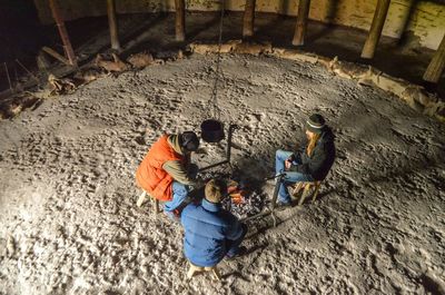 High angle view of people in snow