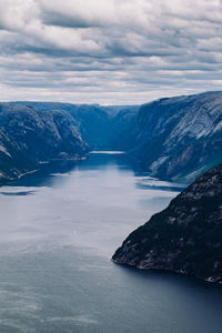 Scenic view of sea and mountains against sky