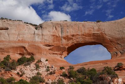 Scenic view of rock formations against cloudy sky