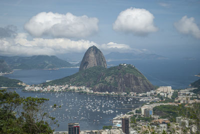 High angle view of townscape by sea against sky