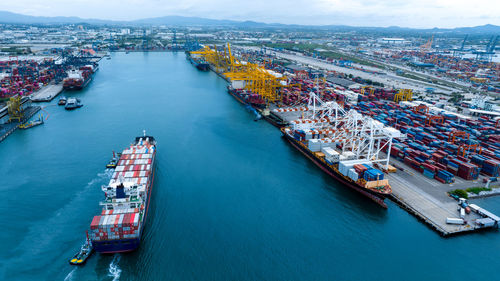 High angle view of boats moored at harbor