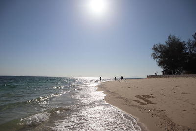 People on beach against clear sky during sunny day