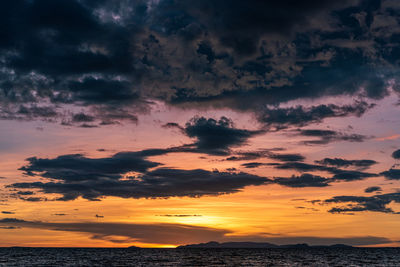 Scenic view of dramatic sky over sea during sunset