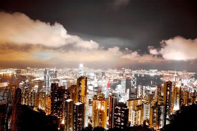 Panoramic view of illuminated buildings against sky at night