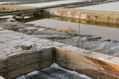 Close up of a wooden transport trolley for salt in slovenian salt pans