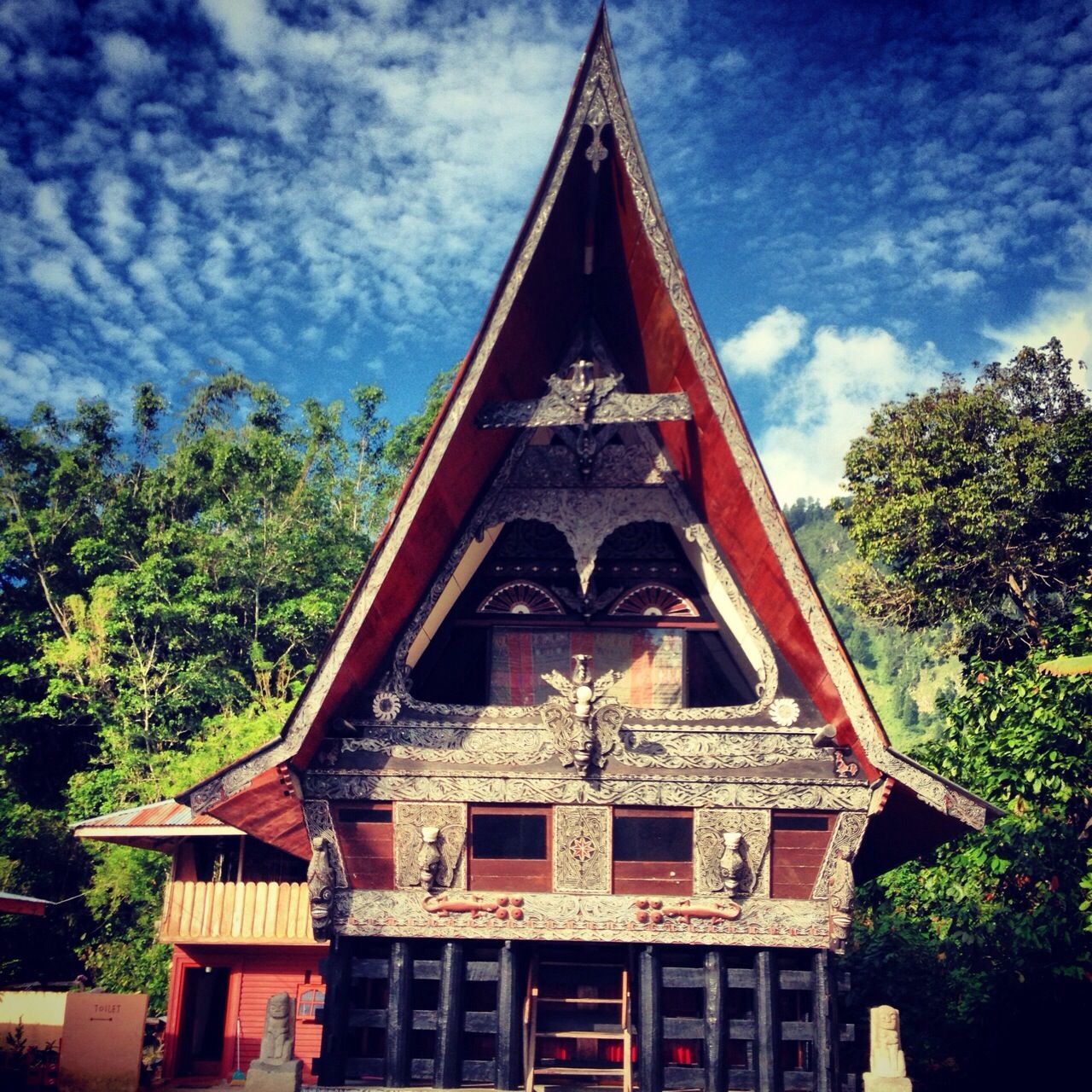 architecture, built structure, low angle view, building exterior, sky, tree, cloud - sky, house, cloud, red, day, outdoors, no people, residential structure, old, blue, roof, growth, cloudy, residential building