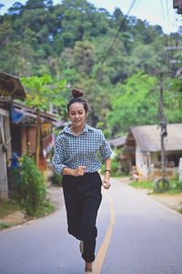 Series photo young woman run and play in joyful emotion