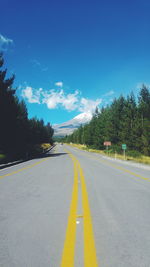 Road by trees against blue sky