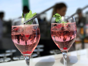 Close-up of drink in glasses on table