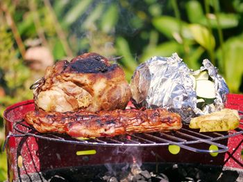 Close-up of meat on barbecue grill