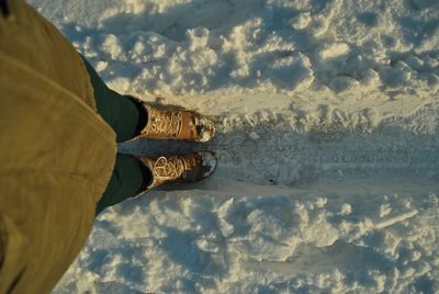 Low section of woman standing on snowy road