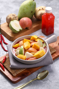 Close-up of breakfast served on table
asinan is traditional indonesian food  with  variety of fruits