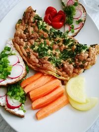 High angle view of breakfast served on table