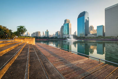 Modern buildings in city against clear sky