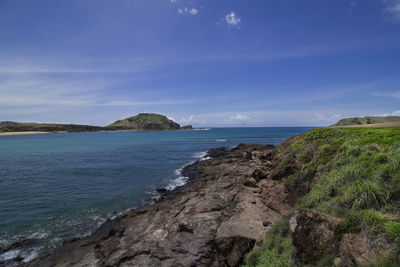 Scenic view of sea against sky. tanjung ann beach, kuta mandalika, lombok