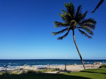 Scenic view of sea against clear blue sky