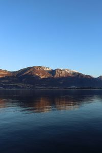 Scenic view of lake and mountains against clear blue sky