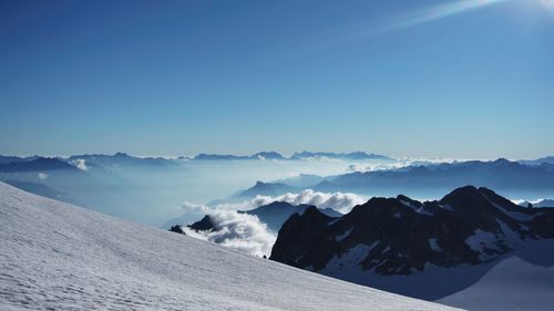 Scenic view of snow covered mountains against blue sky at the base of the augille de tour.