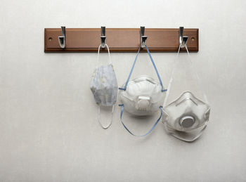 High angle view of clothes hanging on wall