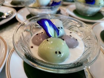 High angle view of dessert in plate on table