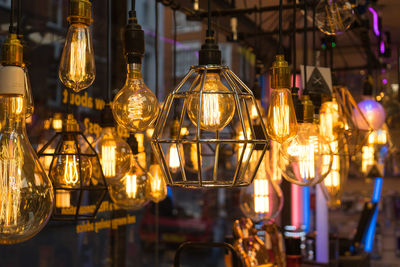 Illuminated light bulbs hanging