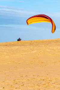 Person paragliding at beach against sky
