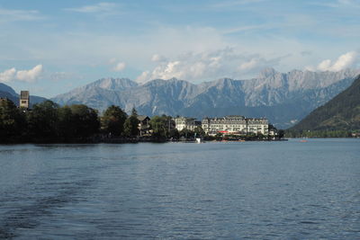 View from the zeller lake onto the alps mountains against the sky