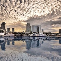 Reflection of cloudy sky on water at sunset