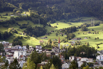 High angle view of townscape and trees on field