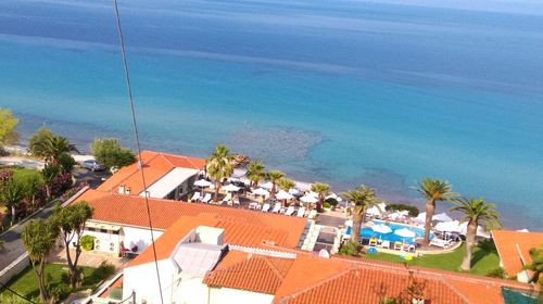 High angle view of houses by sea