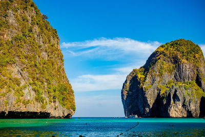 Scenic view of sea by cliff against blue sky